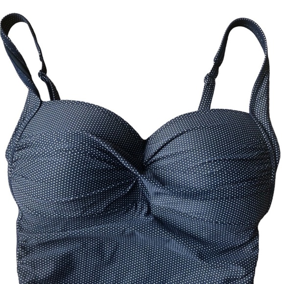 NIPTUCK Navy Pin-Dot Ruched Slimming Swimsuit Sz. 10 Multi Fit Cup Padded Beach - Picture 3 of 7